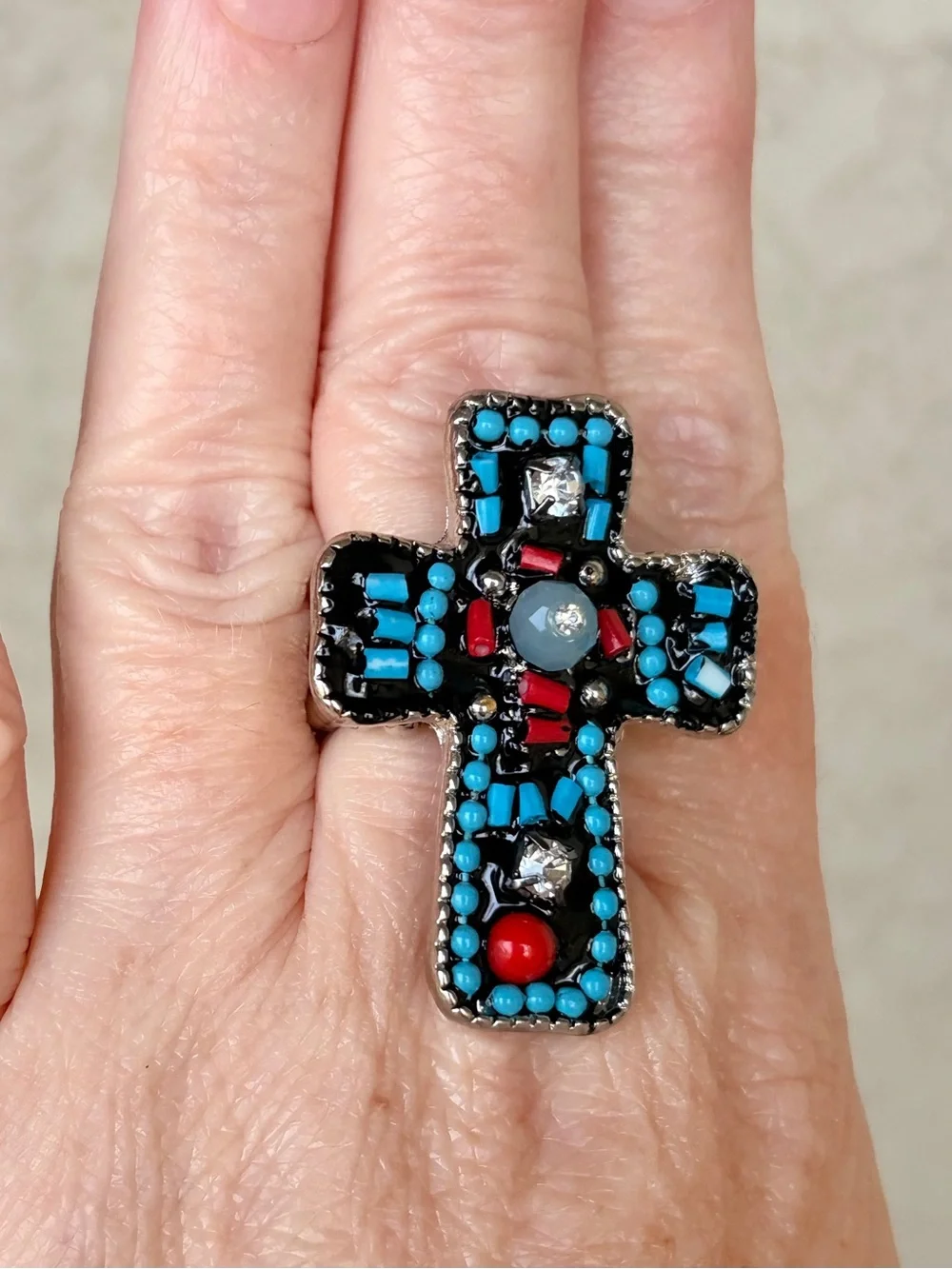 Statement Turquoise & Red Cross Ring - Women Jewelry